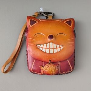 NWOT Wallet Smiling Orange Cat Coin Purse/Wristlet Leather 4" x 3"